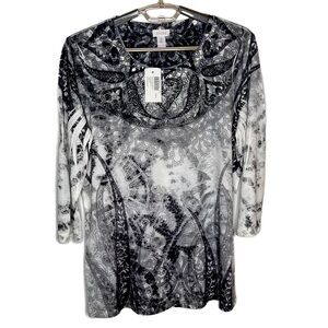 Chico’s top Size 2 Bohemian look.  Black & Ivory 3/4 sleeves.  Embellishments